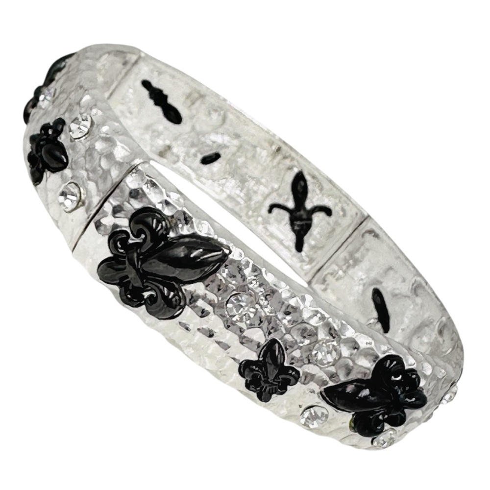 Fleur De Lis Silver Tone & Gun Metal Stretch Bracelet